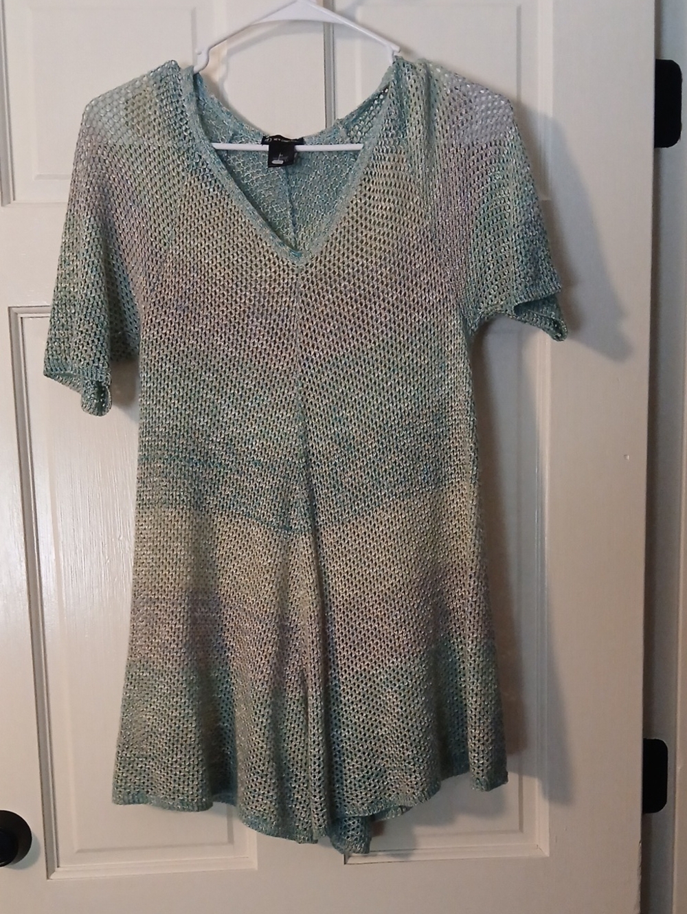 New Direction Sheer Knit V-Neck Short Sleeve Top Or Mini Dress - Mint Green&Gray